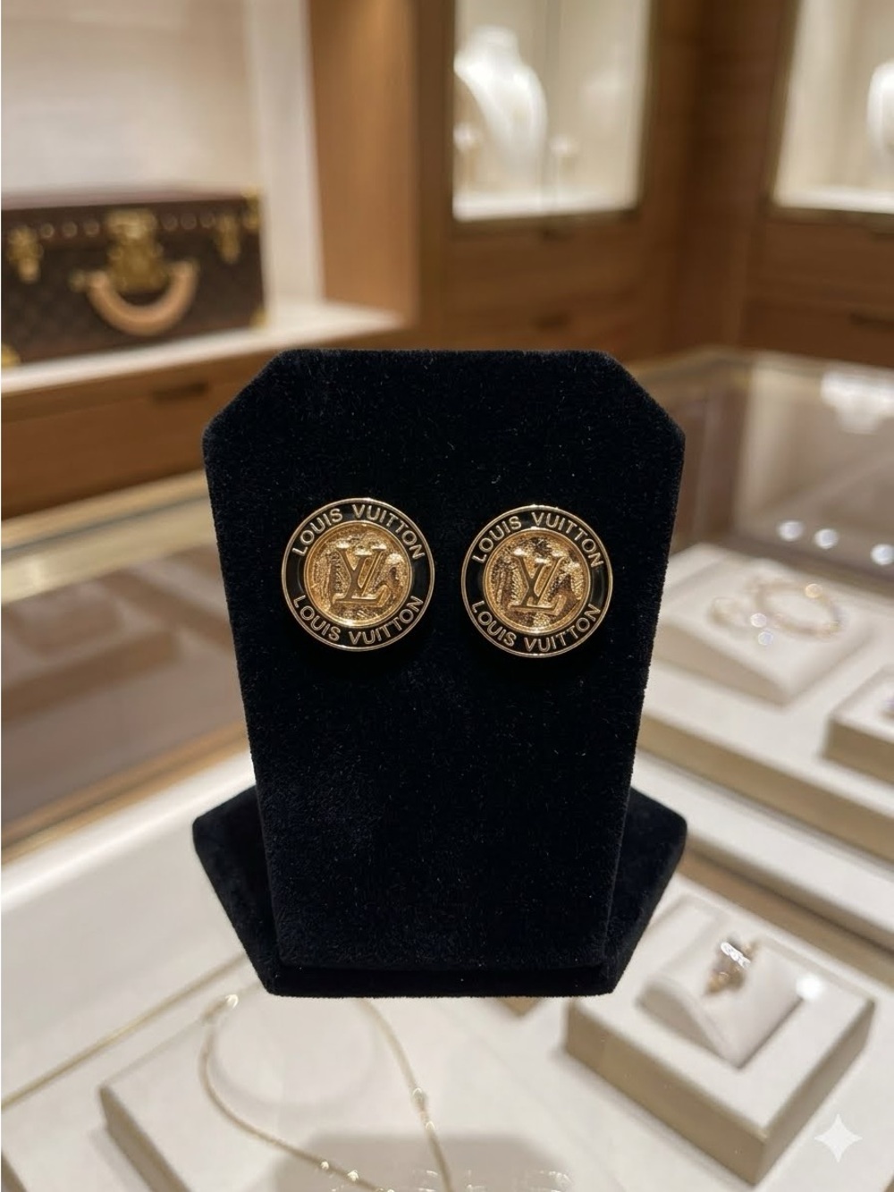 L0UIS VUITT0N Gold Logo Button Stud Earrings  - Black Enamel Accents - Picture 2 of 9